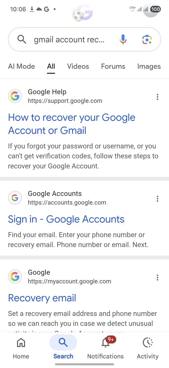 Gmail account recovery Google search result