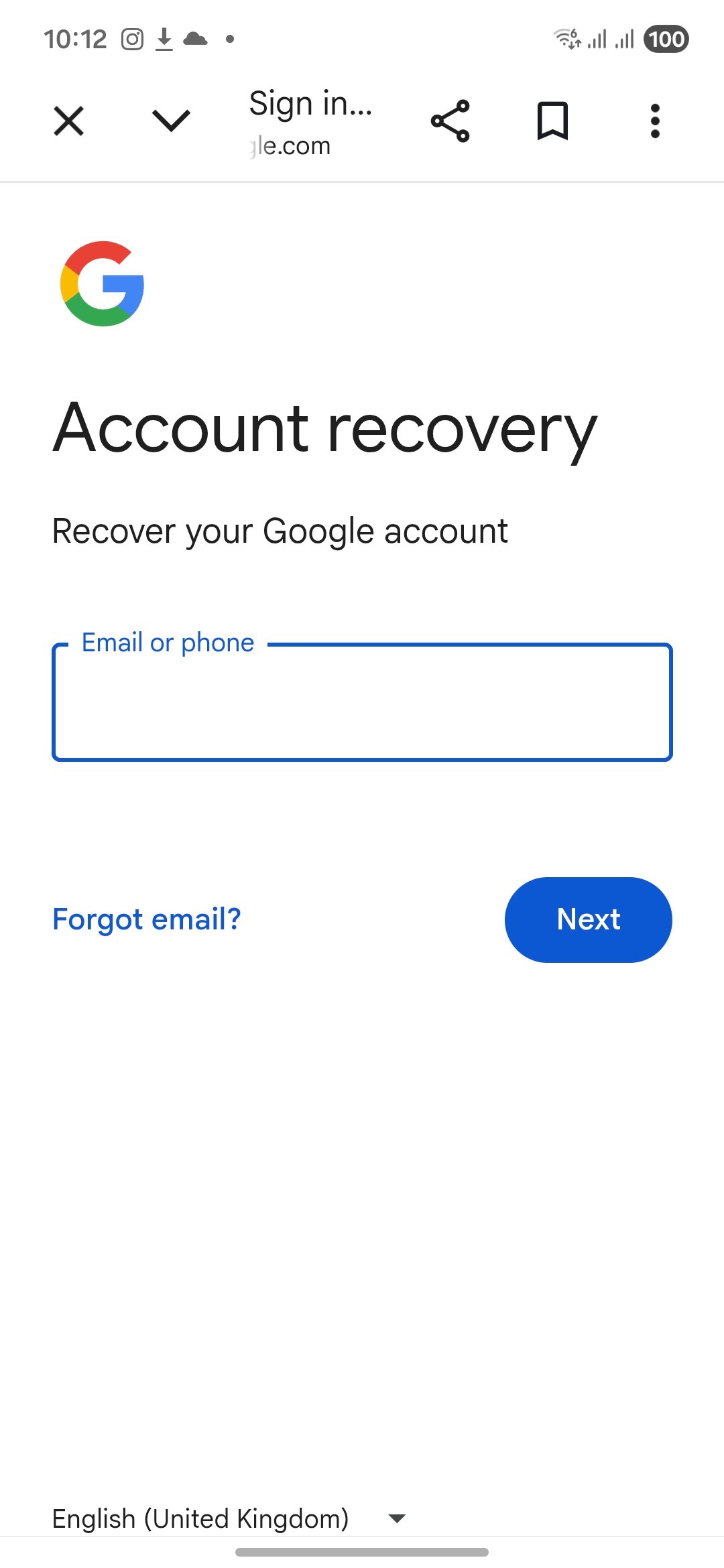 Google Account Recovery page with email input