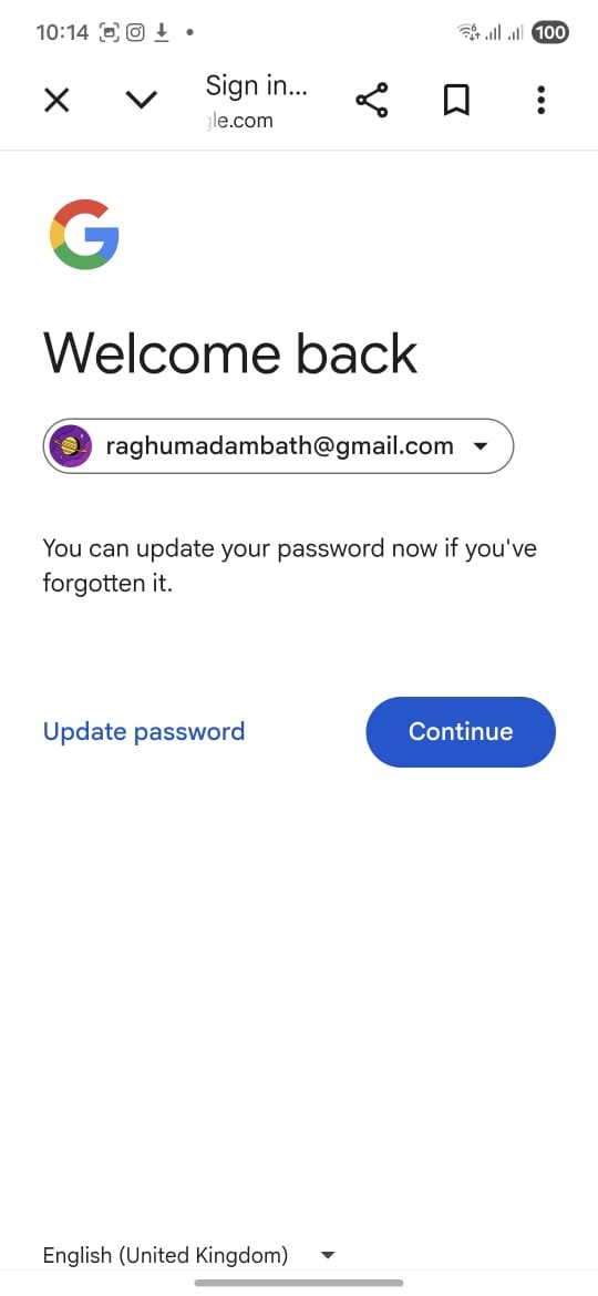 Welcome back screen with Update password option